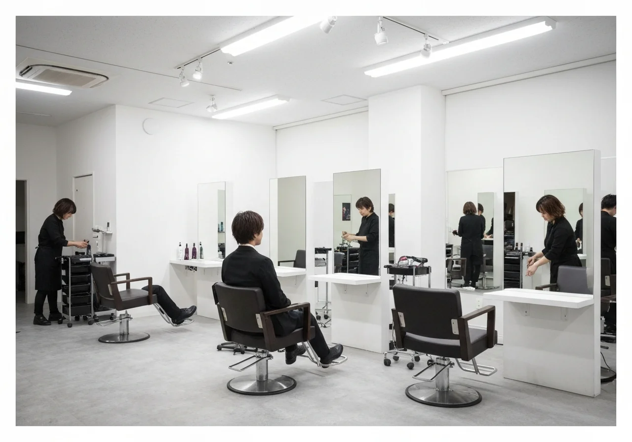 A stylist's hands fine-tuning the style after a cut, in a treatment space unified by calm tones