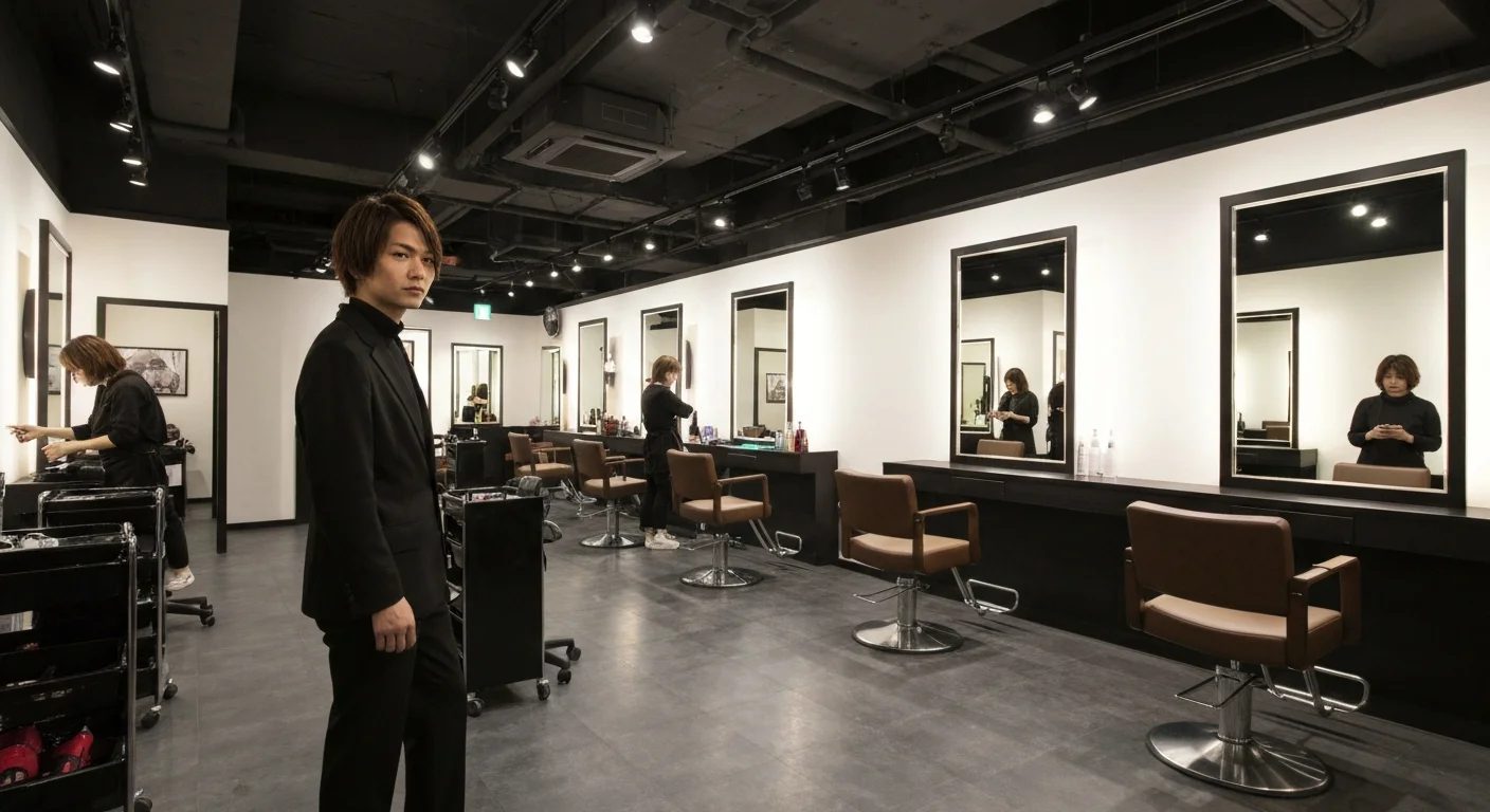 A styling scene in a fully private salon, where a stylist carefully blow-dries a woman's hair; a calm, spacious interior with depth