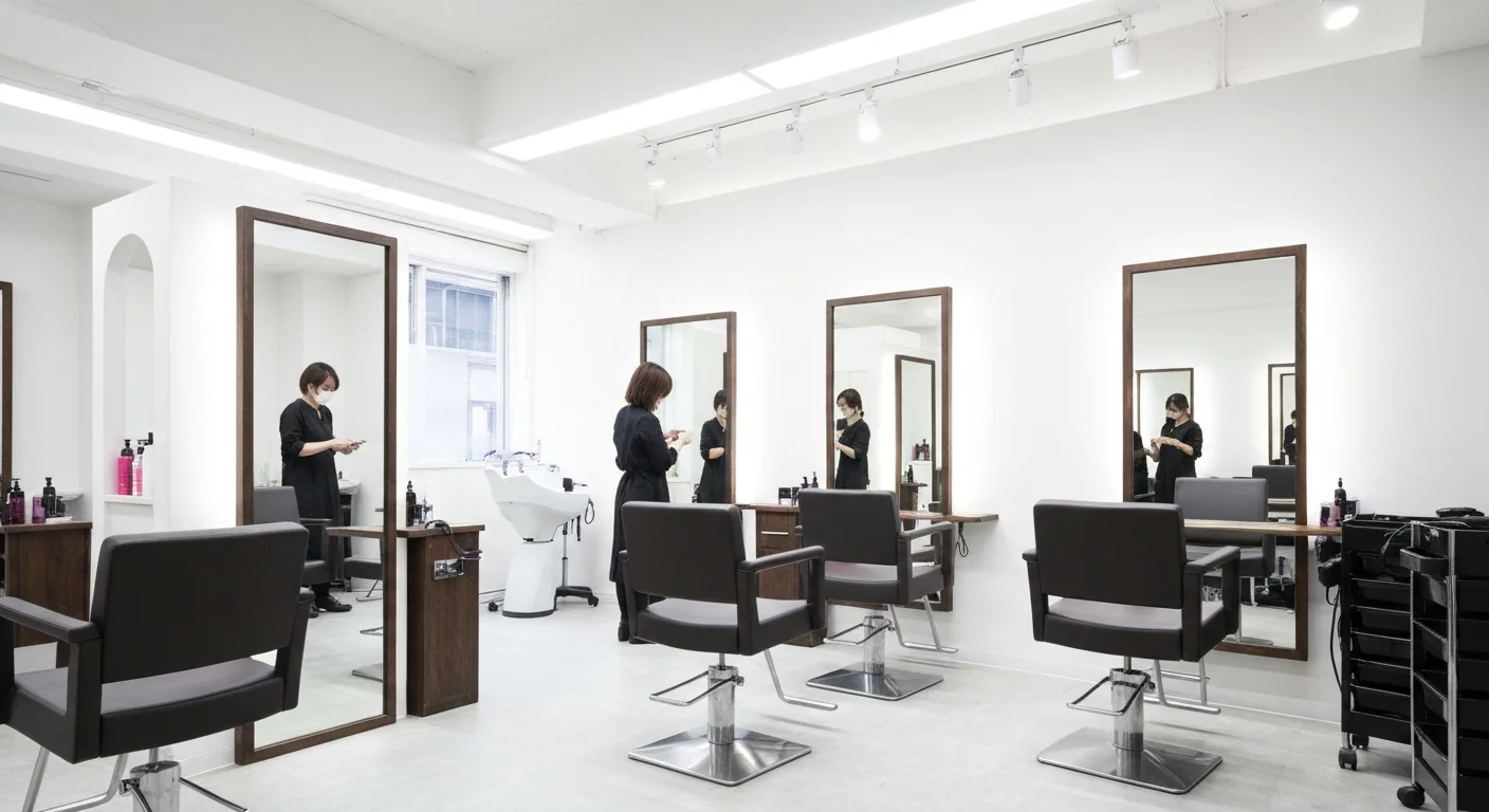 Interior of a fully private salon with large mirrors and prominent wood grain textures, showing a sense of depth in the corridor and calm lighting