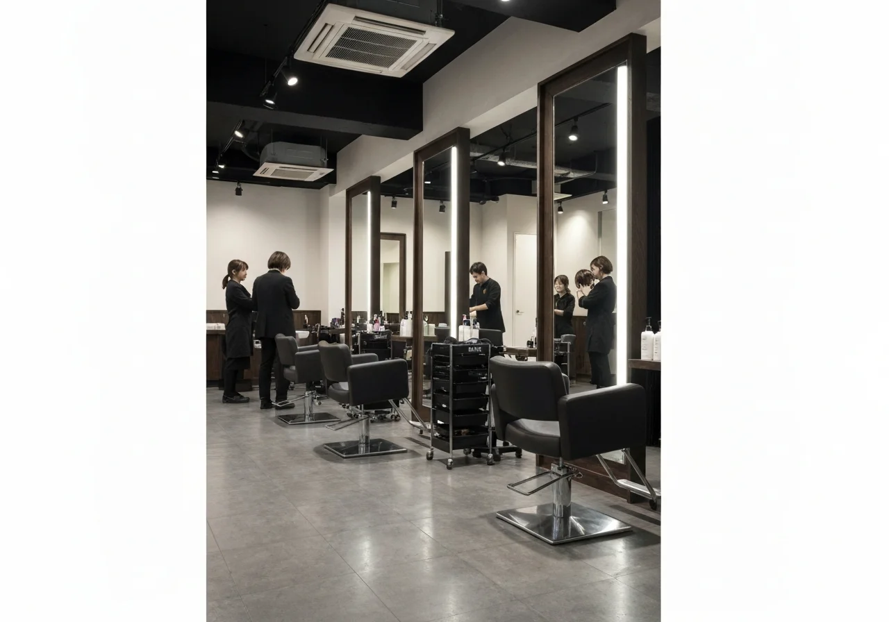 A mother visiting a fully private salon with her small child, sitting comfortably and relaxing in a high-quality interior with depth