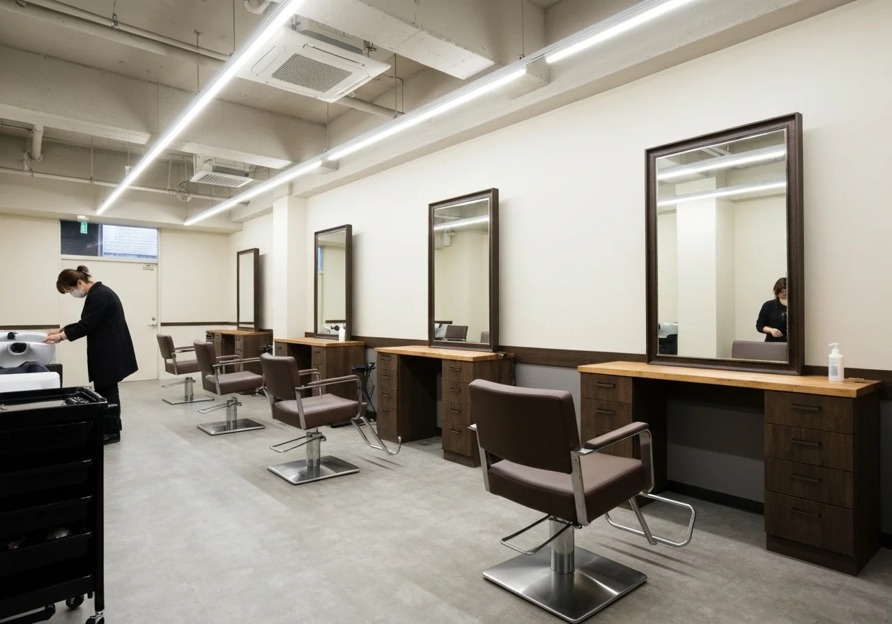 A chic private room in a calm evening salon, filled with soft indirect lighting
