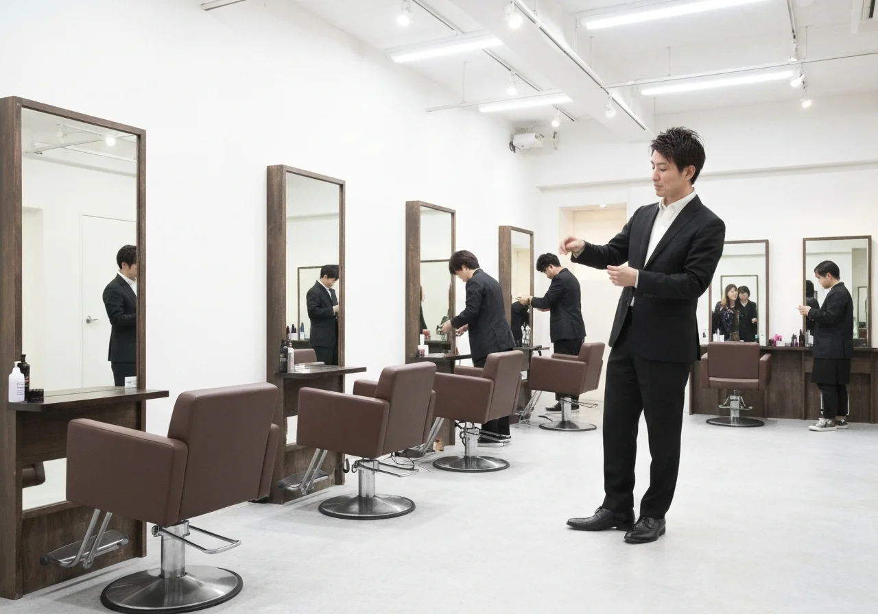 A straightening session in a private room, where the stylist assesses the hair quality while applying products, showing careful consultation