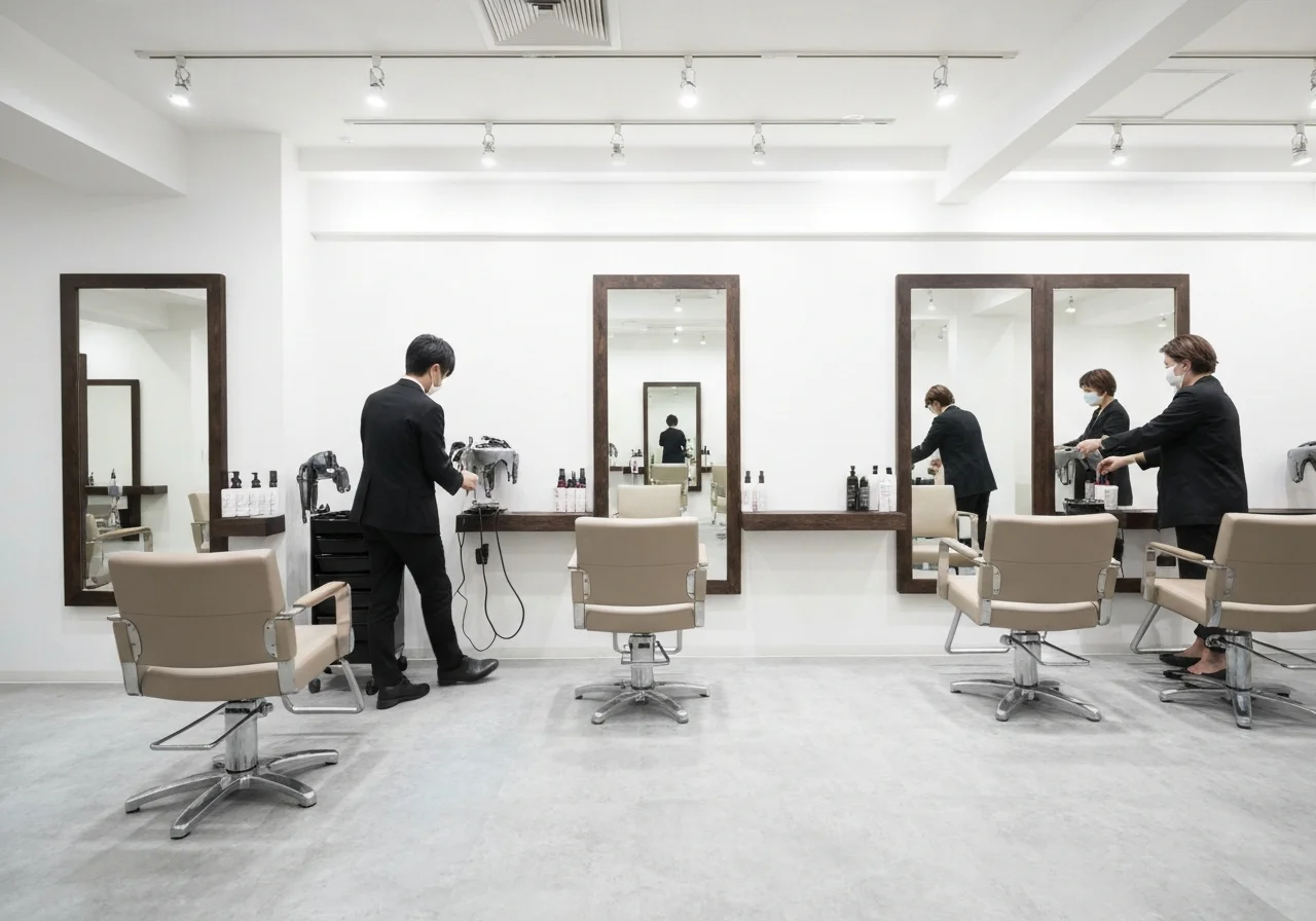 A stylist cutting a woman's hair in line with the hair's natural flow, shaping a silhouette that is easy to manage