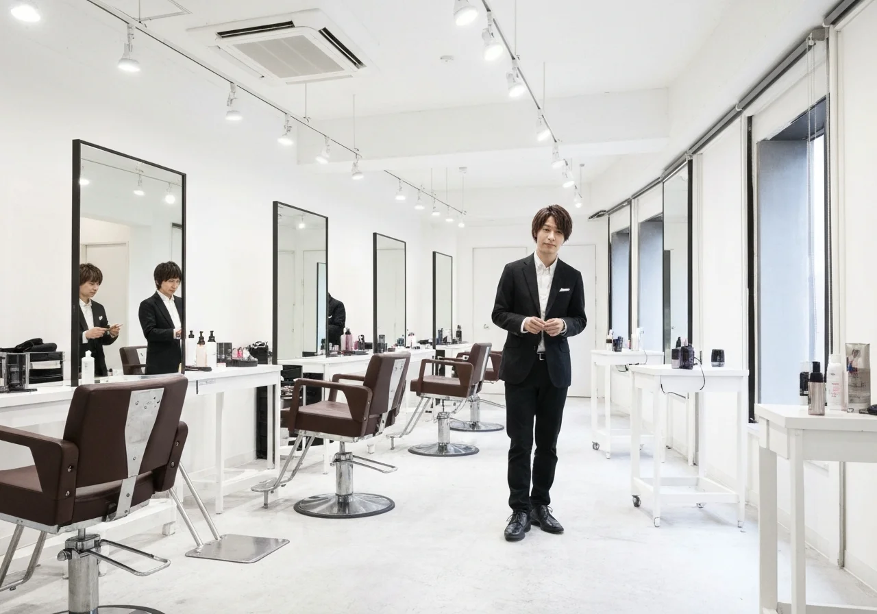 A color treatment scene in a calm private room, adjusting the shade while preserving the hair's shine