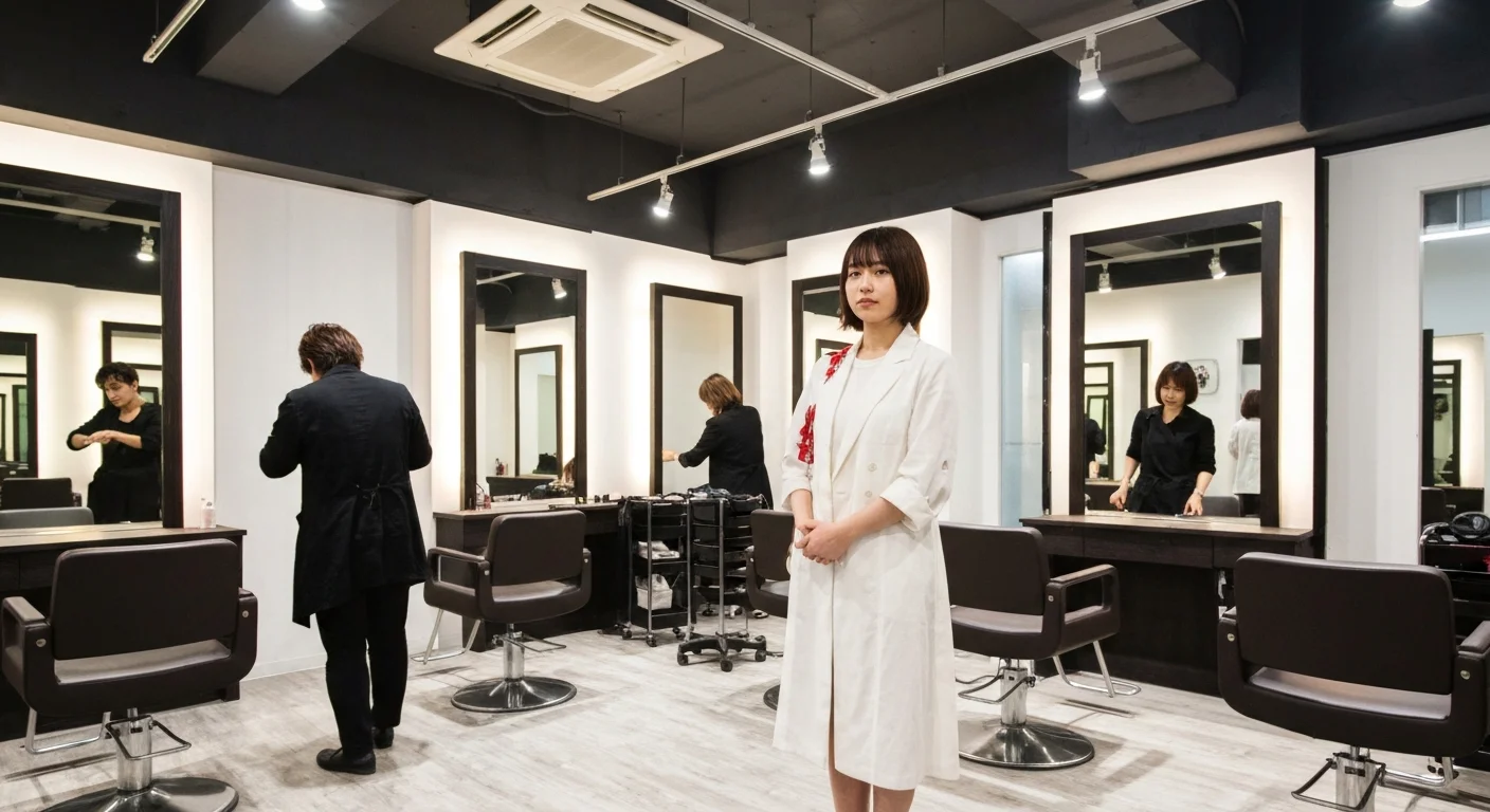 A refined treatment scene in a private salon where the stylist carefully consults with the client while checking the condition of the hair