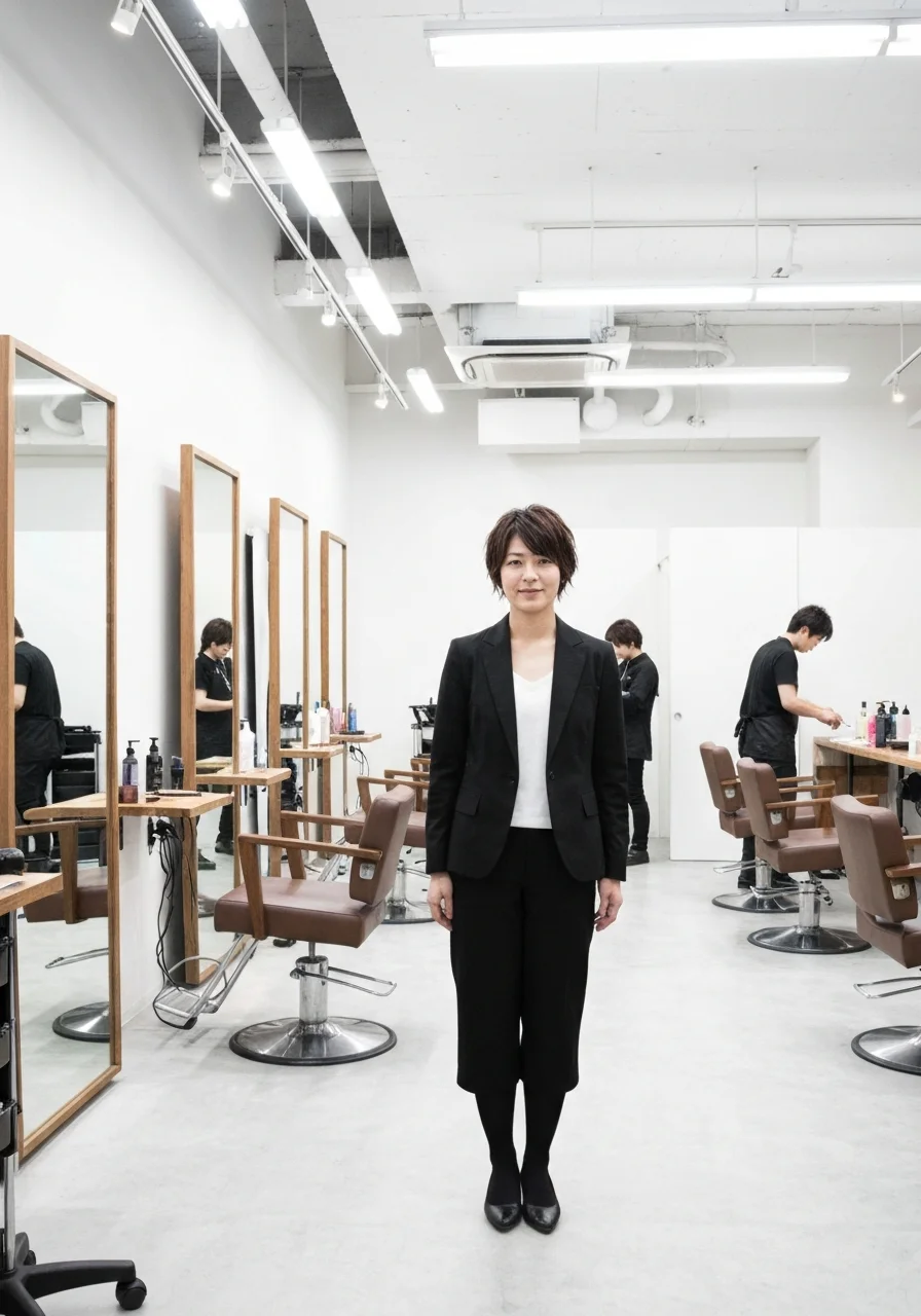 Portrait of a female stylist standing serenely in a beauty salon lit with warm tones, with glossy long hair and elegant black attire