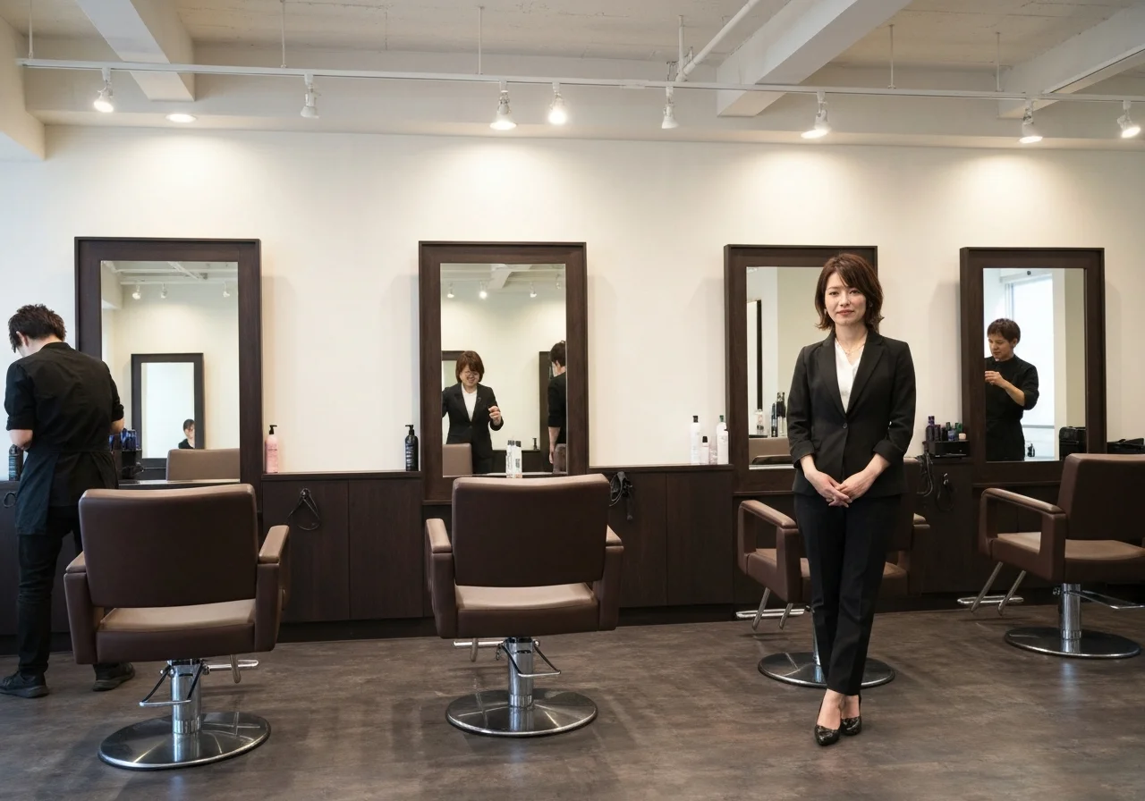 A peaceful, clean salon scene in a fully private room, with a mother receiving treatment while her child sits comfortably nearby